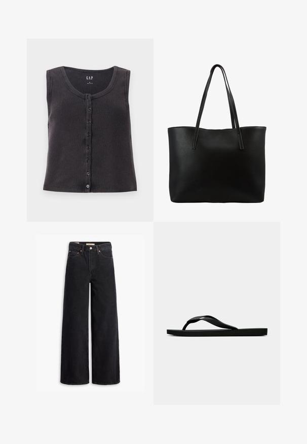 Temno siva rebrasta brezrokavnik s krožnim izrezom in zapenjanjem na gumbke spredaj. Oblika vsebuje subtilne teksture in šest črnih gumbov.; Črne široke jeans hlače iz denima, ki vsebujejo pet žepov, bakrene zakovice in klasično zapiranje na gumb. Gladka tekstura z čistim dizajnom.; Črne gumijaste japonke s teksturirano thong naramnico in preprostim ravnim podplatom, prikazane s strani na enobarvni svetli podlagi.; Črn torba tote z teksturiranim usnjenim zunanjim delom, visok pravokoten oblik, dva dolga ročka in odprta zasnova na vrhu. Brez vidne opreme.