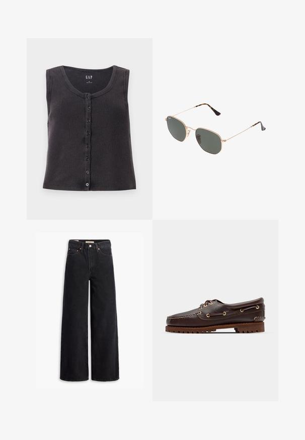 Mørkegrå, ribbestrikket ermeløs topp med rund halslinning og knapplukking foran. Designet har en subtil tekstur og seks svarte knapper.; Sorte vide benklær laget av denim, med fem lommer, kobbernitter og en klassisk knappelukking. Glatt tekstur med et rent design.; Brune lærbåt sko med gull øyer, runde lisser og en teksturert brun gummisåle. Har sømdetaljer og en hevet logo.; Gull metallrammede solbriller med mørkegrønne linser, pilotstil, med slanke armer og skilpaddeskall detaljer på tuppene.