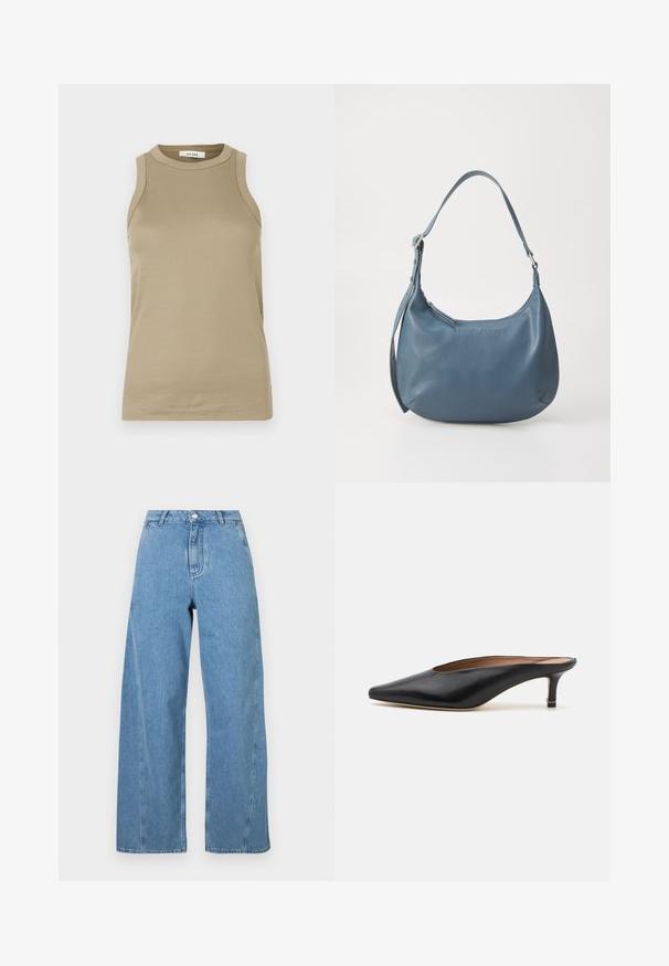 Beige mouwloos topje gemaakt van ribgebreide stof. Heeft een hoge halslijn en zijsplitten. Het label zegt "IVY OAK." Eenvoudig en figuurvolgend ontwerp.; Lichtblauwe wijde jeans gemaakt van denim, met een hoge taille, rechte snit en contrasterende stiksels langs de naden.; Zwarte leren muiltjes met een puntige neus en een lage, blokhak. Glad oppervlak met een gestroomlijnd ontwerp. Open achterkant met minimale details.; Blauwe leren handtas met een ronde vorm, enkele schouderriem, ritssluiting en geïmpregneerde merknaam aan de voorkant. Gladde textuur.