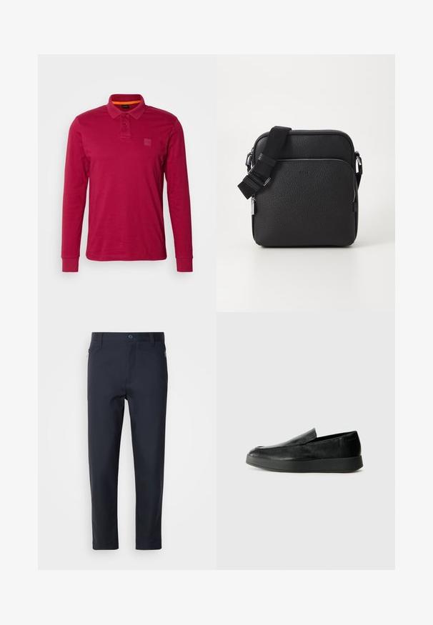 Polo a maniche lunghe in cotone bordeaux uniforme, con colletto a tre bottoni, polsini a coste e un piccolo logo sulla parte laterale del petto.; Pantaloni su misura blu navy realizzati in tessuto liscio, con tasca con zip, gamba dritta e chiusura a bottone in vita.; Calvin Klein HYBRID CUP - Scarpe senza lacci - triple black; Borsa a tracolla nera in pelle con superficie texturizzata, dotata di una tasca frontale con zip, cinturino regolabile e dettagli metallici.