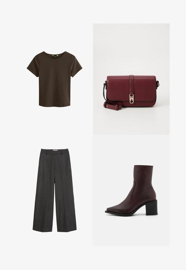 Brown short-sleeve t-shirt with a round neckline, made of soft fabric, featuring a simple and seamless design without visible logos or patterns.; White button-up shirt with long sleeves, structured collar, and rounded hem. Made from a smooth, solid fabric with no visible patterns or accents.; Wide-leg trousers in dark gray fabric. Features a tailored waistband with belt loops, smooth texture, and minimal stitching accents.; Zign LEATHER - Classic ankle boots - bordeaux; Tommy Hilfiger LIBRE FLAP CROSSOVER - Cross body bag - deep rouge; Burgundy leather wallet with a fold-over design, gold logo accent, and smooth texture. Compact and rectangular in shape.