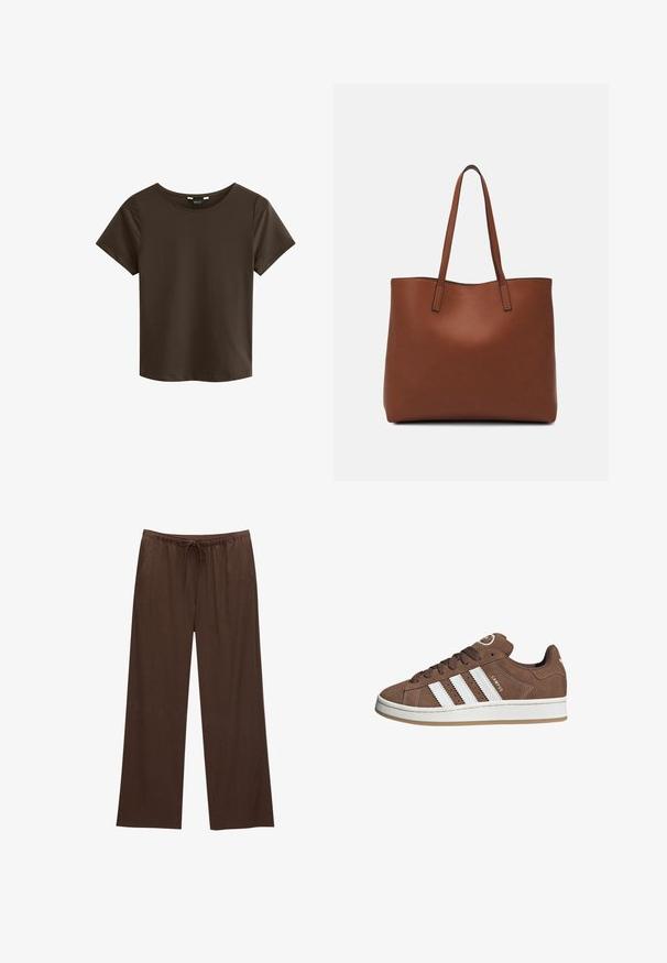 Brown short-sleeve t-shirt with a round neckline, made of soft fabric, featuring a simple and seamless design without visible logos or patterns.; Brown wide-leg pants made from soft fabric, featuring an elastic waistband with a drawstring and two side pockets.; Brown suede sneakers with white leather stripes, rubber sole, rounded toe, and lace-up front. Features a logo on the tongue and perforated accents.; Brown leather tote bag with a smooth texture, open top design, and two shoulder straps. Features minimal stitching and no visible hardware.