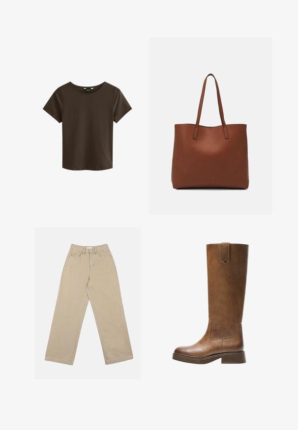 T-shirt marrone a maniche corte con scollatura rotonda, realizzato in tessuto morbido, caratterizzato da un design semplice e senza cuciture, privo di loghi o motivi visibili.; Pantaloni larghi beige in denim, con vita alta, tasche frontali e cuciture a contrasto. Il design include una chiusura con bottone.; Stivale marrone in pelle alto fino al ginocchio, con punta tonda, superficie testurizzata e tacco basso impilato. Presenta un pannello laterale e una linguetta di apertura in cima.; Borsa tote in pelle marrone con texture liscia, design con apertura superiore e due spallacci. Presenta cuciture minime e nessun hardware visibile.