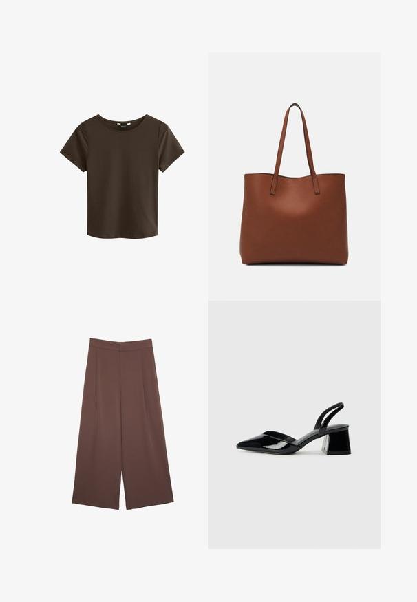 Hnědé tričko s krátkým rukávem a kulatým výstřihem, vyrobené z měkké tkaniny, s jednoduchým a bezeslovným designem bez viditelných log nebo vzorů.; Hnědé široké kalhoty s hladkou texturou, vysokým pasem a předními záhyby. Materiál je lehký a volně splývá.; Černé lakované kožené lodičky na pásku s špičatou špičkou a geometrickým blokovým podpatkem. Vyznačují se elegantním, minimalistickým designem a hladkým povrchem.; Hnědá kožená taška přes rameno s hladkou texturou, otevřeným designem a dvěma ramenními popruhy. Obsahuje minimální švy a žádné viditelné kovové prvky.