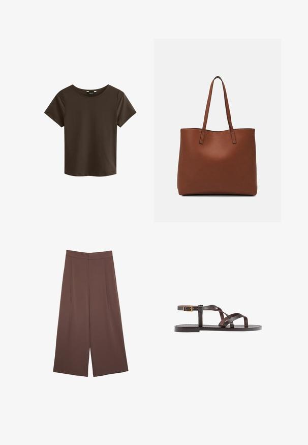 Rjava kratka majica s kratkimi rokavi in okroglim izrezom, narejena iz mehkega blaga, ki ima preprost in brezšiven dizajn brez vidnih logotipov ali vzorcev.; Rjave široke hlače z gladko teksturo, ki imajo visok pas in sprednje naborke. Tkanina je lahka in prosto pada.; Rjav usnjen sandal z načinom prečnega črta, zaklepom okoli gležnja in ravnim podplatom z minimalnimi šivi.; Rjava usnjena torba z gladko teksturo, odprto zasnovo zgoraj in dvema naramnima trakovoma. Opremljena je z minimalnim šivanjem in brez vidnih kovinskih delov.