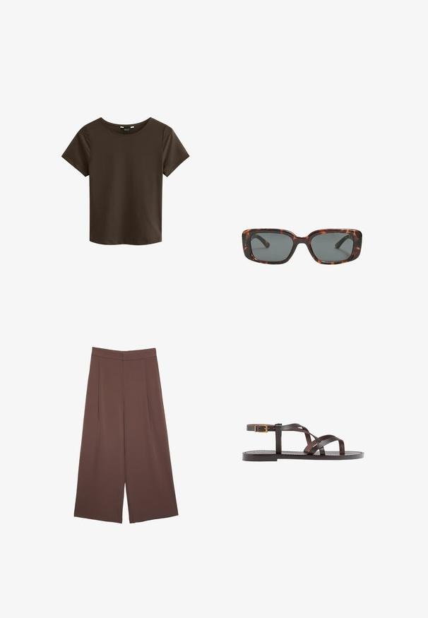 Braunes T-Shirt mit kurzen Ärmeln und rundem Ausschnitt, aus weichem Stoff gefertigt, mit einem einfachen und nahtlosen Design ohne sichtbare Logos oder Muster.; Braune Weite-Leg-Hosen mit einer glatten Textur, hoher Taille und Vorderfalten. Der Stoff ist leicht und fällt locker.; Braune Leder-Sandale mit überkreuzten Riemen, einem Knöchelriemen mit Schnalle und einer flachen Sohle mit minimalen Nähdetails.; Sonnenbrille im Schildpatt-Design mit rechteckigen Gläsern, dicken Rahmen und dunkelgetönten Gläsern. Glatte Textur und minimalistisches Design.
