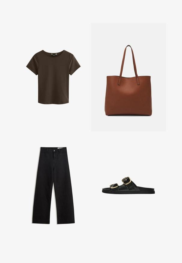 Tricou scurt cu mânecă, de culoare maro, cu guler rotund, dintr-un material moale, având un design simplu și fără cusături. Nu are logo-uri sau modele vizibile.; Pantaloni din denim negri cu picioare largi, cu talie înaltă, având buzunare frontale și posterioare, cusături dublate și închidere cu nasture. Textură netedă.; Sandalie negre cu toc plat, cu două accente de cataramă aurie, din material texturat neted și design minimalist.; Geantă de umăr din piele maro cu o textură netedă, design cu vârf deschis și două curele pentru umăr. Prezintă cusături minime și fără componente metalice vizibile.