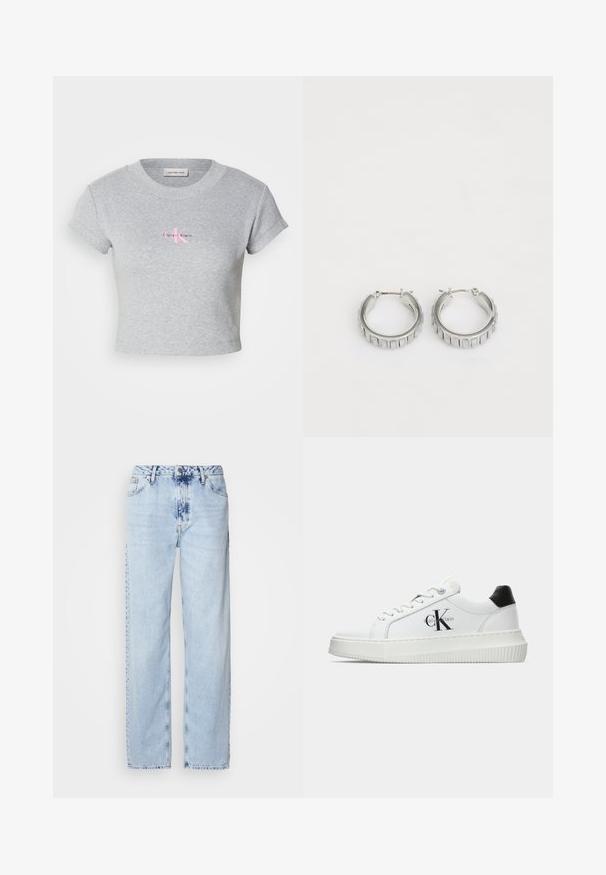 Pilkas trumpas medvilninis marškinėliai, su gilia cebūne ir trumpomis rankovėmis. Priekyje puikuojasi rožinė Calvin Klein logotipas.; Šviesiai mėlynos plačios kelnės, pagamintos iš džinsinio audinio, su aukšta juosmens linija, išblukusiu plovimu ir subtiliu tinių dažymu priekyje.; Balti žemakulniai bateliai su juodu kulno dangteliu, platformos padu, raišteliais ir Calvin Klein "CK" logotipu šone.; Sidabrinės auskarų žiedai su tekstūruotu dizainu, turinčiu vertikalias briaunas. Apskritimo forma su saugiu užraktu. Lygi apdaila.