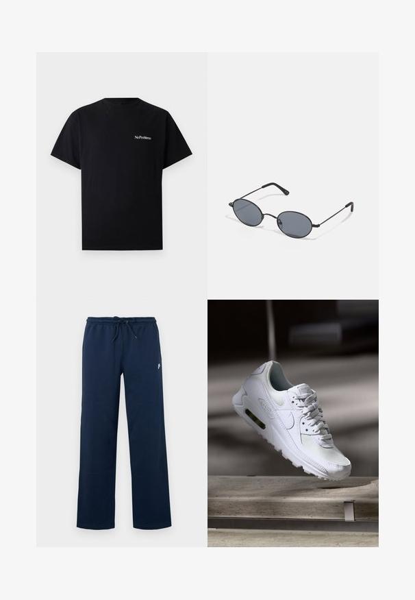 Černé bavlněné tričko s krátkým rukávem, kulatým výstřihem a bílým potiskem "NoProblemo" na levé horní straně. Měkká textura.; Námorníkové modré tepláky s elastickým pasem, šňůrkovým zapínáním, bočními švy a malým bílým logem na horní levé noze.; Bílé tenisky Nike Air Max 90 s vrchním materiálem z textilu a kůže, perforovanou špičkou a viditelnou vzduchovou jednotkou v patě.; Černé oválné sluneční brýle s tmavými skly a tenkými kovovými rámy. Mají štíhlé nožičky s jemným zakřivením na koncích.