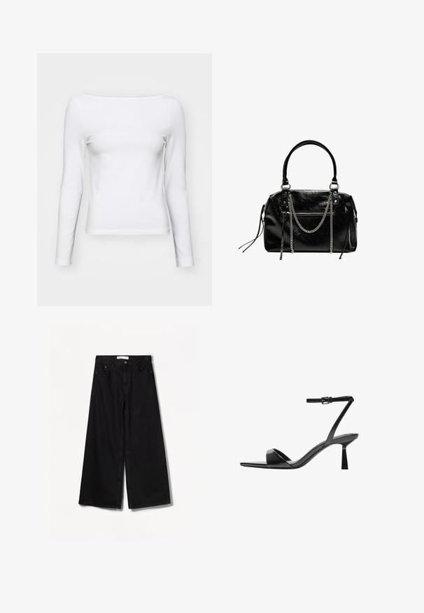 Weißes Langarm-T-Shirt mit quadratischem Ausschnitt, schlanker Schnitt, aus weichem Baumwollmaterial. Glatte Textur, keine Muster oder Akzente.; Bershka WIDE-LEG - Wide Leg - black; Bershka High Heel Sandalette - black; Bershka WITH CHAIN - Handtasche - black