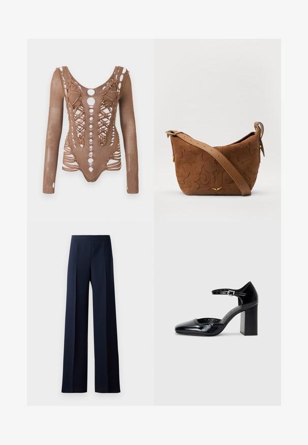 Ilgaamžis rudas tinklinis bodysuit'as su sudėtingais išpjovimais, raištelių detalėmis priekyje ir dekoratyvine karoliukų puošyba kraštuose, priešais baltą foną.; Plati kelnių juodos tamsios spalvos audinys, turintis lygų paviršių, subtilius priekinius raukšlės ir prigludusią liemenėlę, užtikrinančias elegantišką siluetą.; Juodos lakuotos aukštakulnės bateliai su kvadratine nosimi, kulkšnies dirželiu ir masyviu kulnu. Apima perforuotus detalizavimus aplink kraštą.; Ruda suedes pečių rankinė su išsiuvinėtu gėlės dizainu, papildyta lygiu ruduo odos diržu ir auksinės spalvos detalėmis.