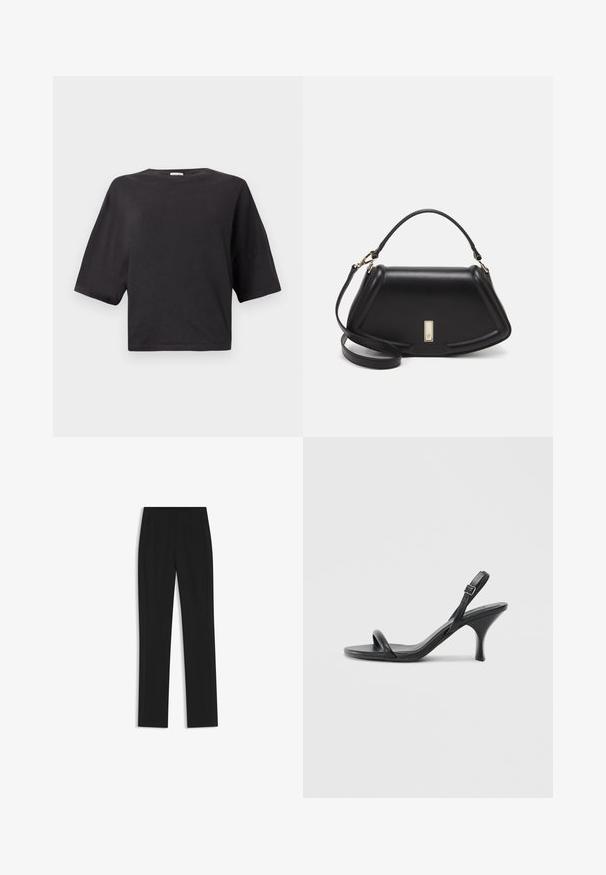 Camiseta negra recortada de algodón, con escote redondo y mangas cortas de corte relajado. Textura suave, sin patrones ni acentos.; Pantalones de traje negros con un diseño de pierna recta, que cuentan con bolsillos delanteros y una tela suave y texturizada. Detalles limpios y minimalistas.; Sandalias de tacón alto de cuero negro con un tacón delgado y curvado y un diseño de tiras cruzadas. Correa para el tobillo ajustable. Textura suave.; Bolso de mano de cuero negro con un diseño estructurado, que presenta una forma recortada, asa superior y acentos en dorado. Correa de hombro ajustable incluida.