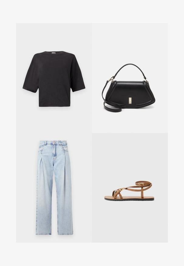 Svart cropped t-skjorte laget av bomull, med rund hals og korte ermer med avslappet passform. Glatt tekstur, ingen mønstre eller aksenter.; Lyseblå denimjeans med høy livlinje, vide ben, to sidelommer og plisserte detaljer. Myk tekstur med en falmet finish.; Brune skinnsandaler med tynn stroppe-design, som har en gullfarget spenne og flat svart såle med zigzag-kant.; Sort lærveske med en strukturert design, som har en avkortet form, topphåndtak og detaljer i gull. Justerbar skulderstropp inkludert.