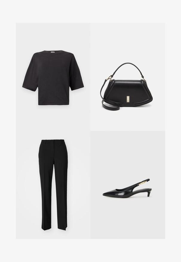 Zwart cropped t-shirt van katoen, met een ronde halslijn en korte mouwen in een ontspannen pasvorm. Smooth textuur, geen patronen of accenten.; Zwarte op maat gemaakte broek met een recht model, voorzien van een soepele textuur en scherpe plooien aan de voorkant. Geen zichtbare hardware.; Zwarte leren slingback hakken met een spitse neus, voorzien van een slanke hak en een goudkleurige accent op de verstelbare band. Gladde textuur.; Zwarte leren handtas met een gestructureerd ontwerp, featuring een verkorte vorm, bovenhandvat en gouden hardwareaccent. Inclusief verstelbare schouderband.