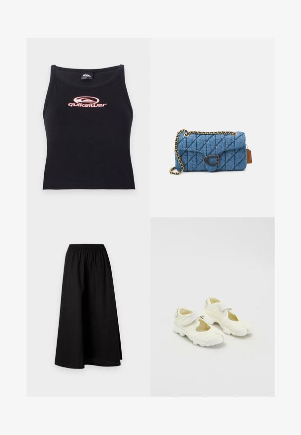 Crni bezrukavac od mekane tkanine s rozo Quiksilver logom u središtu grudi. Jednostavan dizajn s okruglim izrezom.; Crna suknja do koljena napravljena od laganog materijala s elastičnom strukom i opuštenim A-siluetom. Ne sadrži vidljive uzorke.; Bijele mrežaste cipele sa strukturiranim dizajnom, s čičak trakama i izrezanim stranama, teksturiranim materijalom i debelim potplatom.; Plava ispunjena torba od denima s remenom od zlatnog lanca i istaknutim zlatnim logotipom sprijeda. Kompaktni pravokutni oblik.