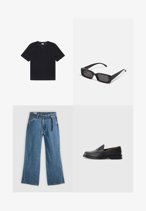 Fekete, rövid ujjú póló, texturált anyagból készült, kerek nyakkivágással és egyenes aljjal. Nincsenek látható minták vagy díszítések.; Kék farmer széles szárú nadrág, hozzáépített övvel, elülső zsebekkel és látható varrással, sima világos háttéren.; Fekete bőralapú loaferek, varrott mintával, lekerekített orral, alacsony, rétegelt sarokkal és slip-on stílussal. Simaság és enyhe fényesség jellemzi.; Fekete, téglalap alakú napszemüveg sötét lencsékkel, fényes felülettel, széles szárakkal és masszív keret designnal. Az egyik szárra gravírozott márkanevével.