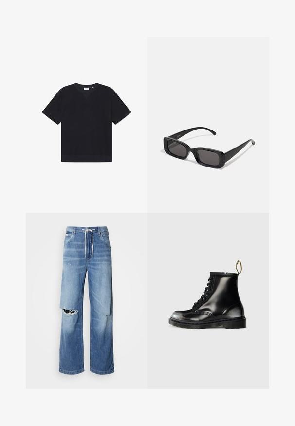 Black short-sleeve t-shirt made from textured material, featuring a round neckline and a straight hem. No visible patterns or accents.; Light blue denim jeans with a loose fit, featuring a white drawstring waist, and distinct rips on the front, showing frayed edges.; Black leather ankle boots with a shiny finish, eight eyelets, black laces, and a pull tab. Features a textured treaded sole.; Black rectangular sunglasses with dark lenses, glossy finish, wide arms, and a chunky frame design. Engraved brand name on one arm.