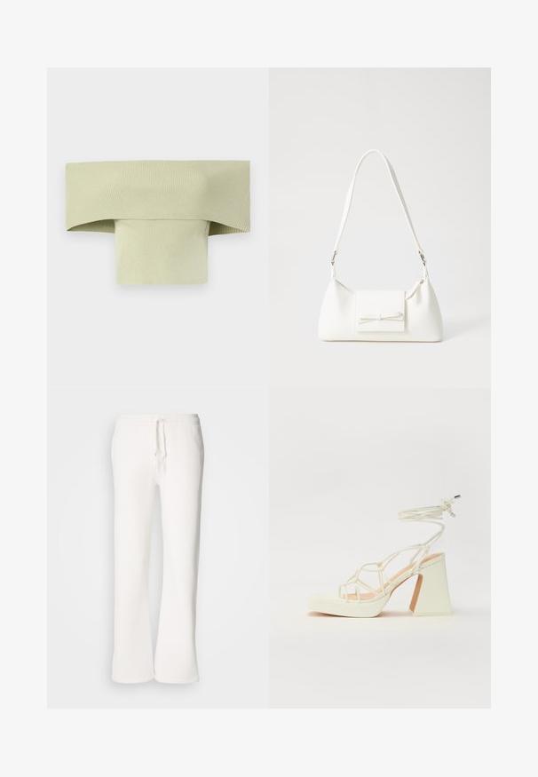 Paljaste õlgadega ribakujuline topp helesinisest, laia voltitud kraega ja tihedalt kehaümaras vormis, valmistatud venivast materjalist.; Valged, mugavad spordipüksid, mis on valmistatud pehmest kangast, elastse talje ja nööridega, sirgete jalgadega disainiga.; Valged kõrge kontsaga sandaalid, millel on paks konts ja rihmadega disain koos pahkluu sidumisega. Sile tekstuur ja platvorm ees, et lisada kõrgust.; Valge sünteetilisest materjalist kott kolmnurkse kujuga, lame esiklapiga ja kaaredetailiga, reguleeritava rihmaga, sileda tekstuuriga ja minimalistliku disainiga.