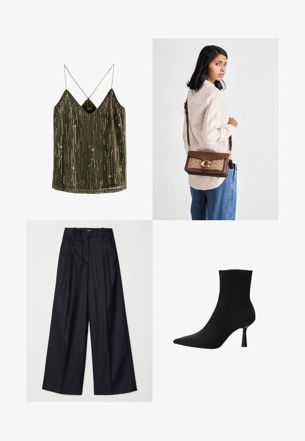 Olivově zelený top bez rukávů s V-výstřihem, se vertikálními pruhy z flitrů a tenkými ramínky. Materiál je lehký s hedvábnou texturou.; Černé kalhoty s širokými nohavicemi vyrobené z hladkého materiálu, s vysokým pasem, sklady a přizpůsobeným střihem. Jednoduché černé kování v pase.; Černá kotníková bota vyrobená z hladké textilie, s špičatou špičkou a úzkým stiletto podpatkem, s bezešvým designem a bez viditelného kování.; Hnědá kožená kabelka s barevným panelu v pískové barvě, zlatým hardwarem a odnímatelným ramenním popruhem. Umístěna pod úhlem na světlém pozadí.