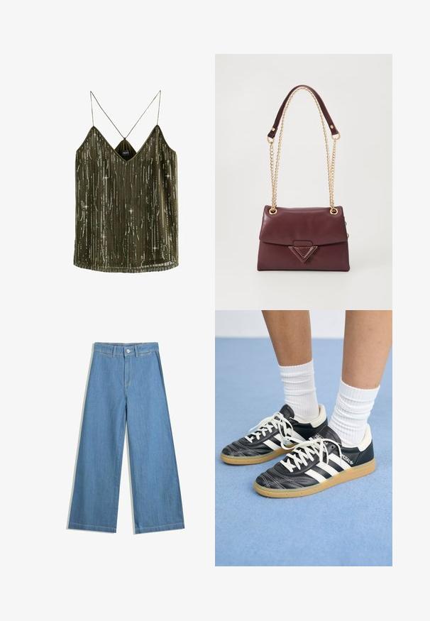 Vihreä oliivinvärinen hihaton paita, jossa on V-pääntie, paljeteilla varustetut pystysuorat raidoitukset ja ohuet olkaimet. Kangas on kevyt ja silkkisen tuntuinen.; Vaalean siniset leveälahkeiset farkut, joissa on nappikiinnitys, vyölenkit ja hillitty ompelutaito.; Mustat nahkasneakerit valkoisilla raidoilla, pyöreä kärki, valkoiset nauhat ja kumipohja. Korostaa pehmustettua kaulusta ja brändäysohjeita.; Burgundin värinen nahkalaukku, jossa on käännettävä kansi, kultaketjuhihna ja kolmion muotoinen metallikoriste edessä. Sujuva pinta.