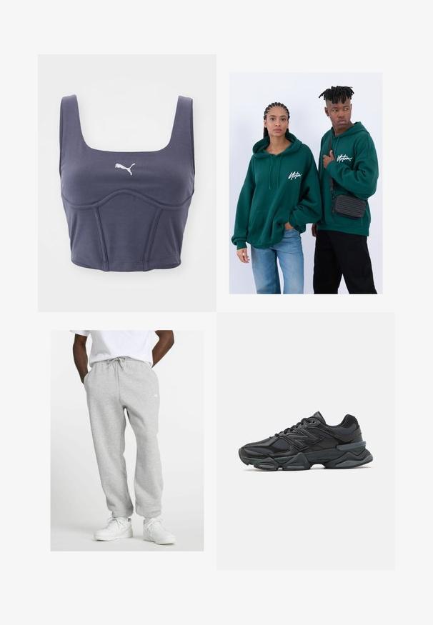 Dunkelblauer Sport-BH mit quadratischem Ausschnitt, ausgestattet mit einem weißen Puma-Logo und strukturiertem Stoff mit Teilungsnähten für einen figurbetonten Schnitt.; Mann trägt hellgraue Sweatpants mit Kordelzug und weiße Sneakers, steht mit den Händen in den Taschen vor einem weißen Hintergrund.; Schwarzer Laufschuh mit einer Mischung aus Mesh- und sinthetischen Materialien, dicke Sohle, geschwungenes Design und auffälliger Markenkennzeichnung an der Seite.; Grüne Kapuzenpullover mit Fronttaschen, lockere Passform. Ein Modell trägt schwarze Jeans, das andere hat eine schwarze Umhängetasche.