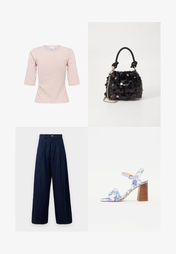 Svetloružové tričko s okrúhlym výstrihom a tromi štvrtinovými rukávmi, vyrobené z mäkkého materiálu, s priliehavým strihom a hladkou textúrou.; Tmavomodré riflové nohavice s širokými nohavicami, vysokým pásom, preloženým predným dielom a klasickým zapínaním na gombík, so bočnými vreckami a kontrastným prešívaním.; Modré sandále s kvetinovým vzorom, so štvorcovou špičkou, širokým popruhom a nastaviteľným členkovým popruhom, s textúrovaným dreveným blokovým podpätkom.; Čierna mini kabelka so štrasom, s uzlovým textúrovaným popruhom a strieborným reťazom. Guľatý tvar s riaseným vrchom a reflexnými detailmi.