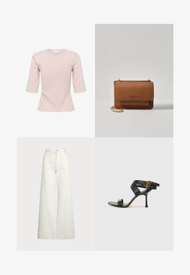 Svetloružové tričko s okrúhlym výstrihom a tromi štvrtinovými rukávmi, vyrobené z mäkkého materiálu, s priliehavým strihom a hladkou textúrou.; Džínsy s širšími nohavicami v off-white denim. Vysoký pás s gombíkovým zapínaním, dve predné vrecká a kontrastné švy.; Čierne sandále na podpätku s prekríženými popruhmi a nastaviteľnou prackou. Majú hladkú textúru a zúžený stiletto podpätok.; Hnedá textúrovaná kožená taška cez telo s zlatým reťazovým popruhom a preklopným uzáverom. Predná strana obsahuje detail s logom a vrecko pod preklopkou.
