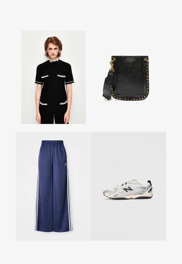 Top nero a coste con maniche corte con bordi bianchi, due tasche frontali delineate in bianco e un colletto bianco arricciato.; Pantaloni a gamba larga blu navy con strisce verticali bianche, cintura elastica e tre strisce bianche su ciascun lato, realizzati in un materiale leggero.; Scarpa sportiva grigia e bianca con punta arrotondata, realizzata in materiali sintetici e mesh, dettagli neri e suola in gomma testurizzata.; Borsa a tracolla in pelle nera con borchie dorate lungo i bordi, dalla forma piatta e con una tracolla regolabile dotata di un gancio in oro.