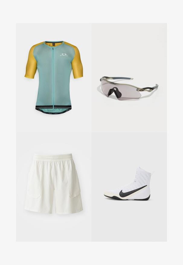 Camisola de ciclismo de manga curta com fecho zip completo, feita de tecido azul claro e amarelo texturizado, com barra preta e logotipo branco.; ASICS MATCH SHORT - Calções desportivos - cream; Sapatilha desportiva Nike em branco com um swoosh preto. Apresenta um design de cano alto, parte superior texturizada e uma sola de borracha durável.; Óculos de sol com uma armação cinza translúcida, lentes com tonalidade e design angular. Apresenta um suporte nasal distinto e hastes em cinza escuro texturizado.