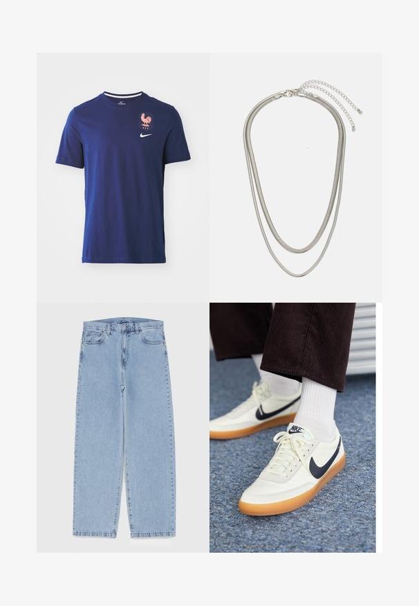 Meeste sinine puuvillane T-särk ringsuurusega kaelusega, millel on roosa kanaembleem ja valge Nike logo rinnal. Lühikesed varrukad, regulaarne istuvus.; Heled sinise denimi sirgete põlvede lõikega teksad, millel on keskmise kõrgusega vöökoht, viis taskut ning nööbid ja tõmblukk.; Valge nahast Nike tossud tumesinise swooshiga, gummi kummimisel ja valgete paeltega, koos valgete pikkade sokkide ja tumeda sametpuuvillaste pükstega.; Kolmekihiline hõbedane metallkaelakee, mis on valmistatud peentest, paindlikest kettidest kerge läikega, kinnitatud krabi sulguri ja reguleeritava ketiga.