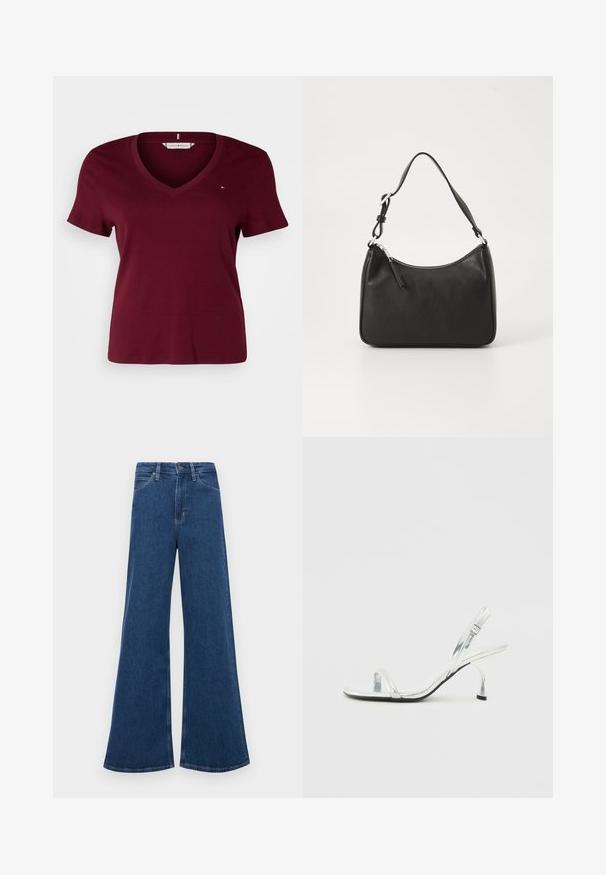Tommy Hilfiger Curve SLIM CODY - T-Shirt basic - deep rouge; Blaue Jeans mit weitem Beinausschnitt und hoher Taille, ausgestattet mit fünf Taschen, einem Knopfverschluss und Kontrastnähten an den Nähten.; Silberne Lackleder Slingback-Pump mit schmalem Zehenriemen, verstellbarem Schnallenverschluss und schlanker Absatzhöhe.; Schwarze Lederhandtasche mit geschwungener Form, einem einzigen Tragegurt, Reißverschlussverschluss und dezentem Branding auf der Vorderseite. Glatte Textur, minimalistisches Design.