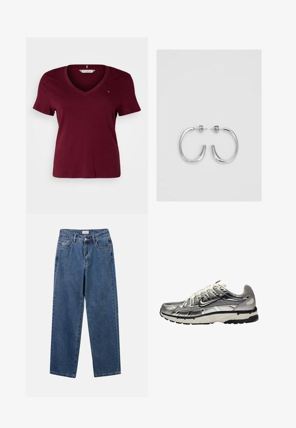 Tommy Hilfiger Curve SLIM CODY - Camiseta básica - deep rouge; Jeans de mezclilla azul clásico con un diseño de pierna recta, cinco bolsillos y cierre de botón. Presenta un lavado medio y una textura resistente.; Zapatilla deportiva en plata y negro con una parte superior de malla y sintético, diseño voluminoso y acabado texturizado. Presenta un cuello acolchado y suela de goma.; Aros de plata en forma de aro con un acabado liso y brillante. Diseño redondeado y ligero, con cierre de tipo post-back.