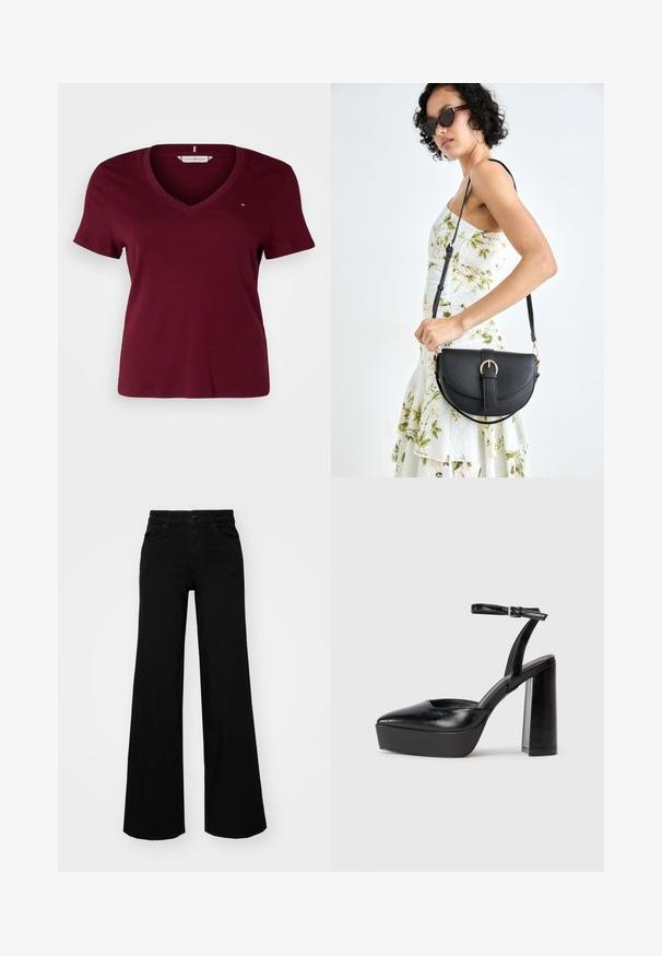 Tommy Hilfiger Curve SLIM CODY - Základné tričko - deep rouge; Čierne široké nohavice z denimu s pevným pásom, pútkami na opasok a prednými vreckami. Hladká štruktúra s klasickým dizajnom.; Čierne platformové podpätky so špicatou špičkou a nastaviteľným členkovým remienkom. Vyrobené z hladkej kože a so robustným blokovým podpätkom.; Čierna kožená kabelka s zaobleným tvarom, odnímateľným popruhom a zlatými doplnkami. Kabelka má klopu s detailom s prackou.
