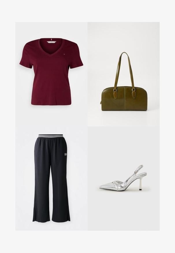 Tommy Hilfiger Curve SLIM CODY - T-Shirt basic - deep rouge; Schwarze Sporthosen mit weitem Beinschnitt, elastischem Bund mit schwarz-weißen Streifen und seitlichen Schlitzern am Saum.; Silberner Slingback-High-Heel-Schuh mit spitz zulaufender Zehenpartie, metallic-finish, zwei dekorativen Riemen und einem schlanken Absatz mit schwarzer Spitze.; Olivengrünes Lederhandtasche mit einer runden Form, doppelten Griffen und nahtlosem Vorderteil. Verfügt über eine glatte Textur und subtile Nähdetails.
