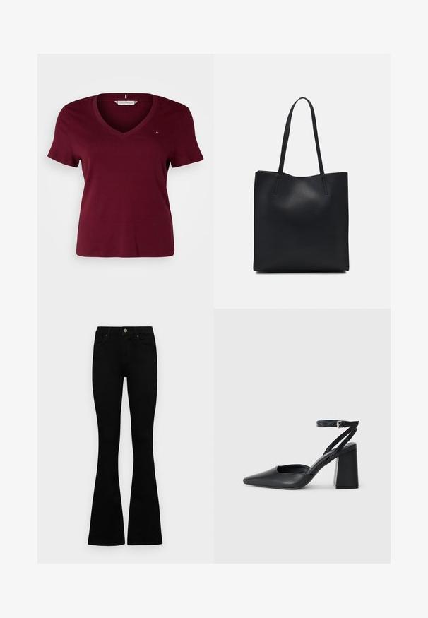 Tommy Hilfiger Curve SLIM CODY - T-shirts basic - deep rouge; Sorte højtaljede jeans med knap- og lynlåslukning, forlommer og flagrende ben, lagt fladt på en hvid baggrund.; Sort læder spidse pumps med ankelrem og en chunky hæl. Flad tekstur, slankt design og minimalistisk æstetik.; Sort læder tote taske med glat tekstur, rektangulær form og to lange hanke. Ingen synlig hardware eller udsmykninger.