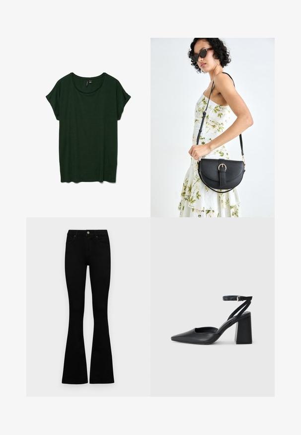 Mörkgrön kortärmad t-shirt med rundad halsringning och avslappnad passform. Mjuk textur, inga synliga mönster eller detaljer.; Svarta högmidjade jeans med knäppning och dragkedja, frontfickor och utsvängda ben, liggande platt på en vit bakgrund.; Svart läderpumps med spetsig tå, ankelrem och kraftig klack. Slät textur, stilren design och minimalistisk estetik.; Svart läderhandväska med en böjd form, avtagbar rem och guldiga detaljer. Väskan har ett lock med en spänndetalj.