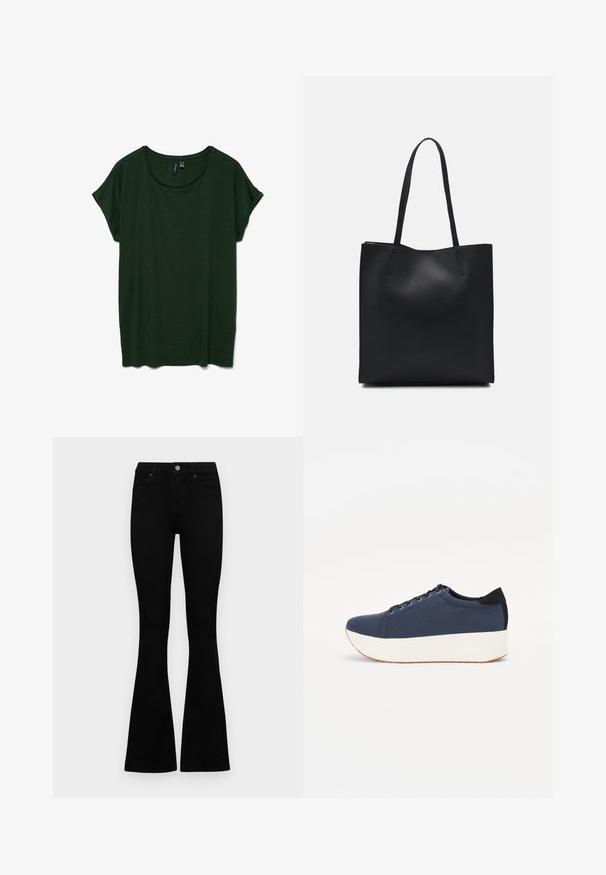 Tume roheline lühikeste varrukatega T-särk, millel on ümar kaelus ja mugav lõige. Pehme tekstuur, ei ole nähtavaid mustreid ega lisandeid.; Mustad kõrge vöökohtadega teksad, millel on nööp ja lukuga sulgemine, esikäe taskud ja laienevad sääred, asetatud tasasele valgele taustale.; Tumedat sinised tennised tekstureeritud riidest pealispinnaga, valge platvormi tallaga, ümarate varvaste ja musta kontsapaneeliga. Omab kuut silma paelte jaoks.; Mustast nahast kott sujuva tekstuuriga, ristkülikukujuline ja kahe pika sangaga. Pole nähtavat riistvara ega kaunistusi.