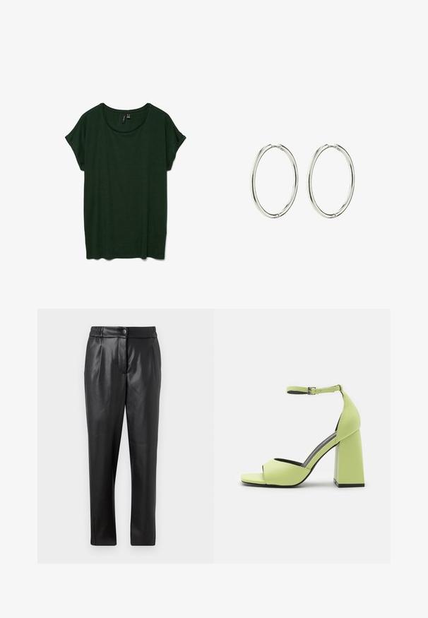 Tume roheline lühikeste varrukatega T-särk, millel on ümar kaelus ja mugav lõige. Pehme tekstuur, ei ole nähtavaid mustreid ega lisandeid.; Mustad nahkpüksid, millel on sile tekstuur, sirge lõige, elastne vöökoht ja esine nupuga sulgemine; volditud detailid ja kitsenevad sääred.; Even&Odd Kõrge kontsaga sandaalid - light green; Hõbedased rõngaskõrvarõngad, millel on sile ja poleeritud viimistlus. Ümmargune kuju, kerge disain, millel on turvaline sulgemismehhanism.