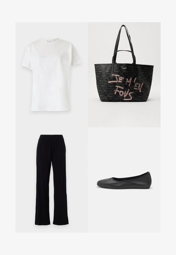 Biely bavlnený tričko s krátkymi rukávmi a okrúhlym výstrihom, s nápisom "INTROSPEKCIA" v svetlomodrom písme na hrudi.; Čierne, ľahké nohavice s elastickým pásom a rovnom strihu. Mäkka textúra bez viditeľných vzorov alebo akcentov. Jednoduchý a všestranný štýl.; Čierne kožené baleríny s okrúhlou špičkou, hladkým povrchom, minimálnym prešívaním a flexibilným dizajnom podrážky.; Čierna taška cez rameno s textúrovaným materiálom a diamantovým vzorom, ramenné popruhy a výrazný červený a biely text s nápisom "JE M'EN FOUS."