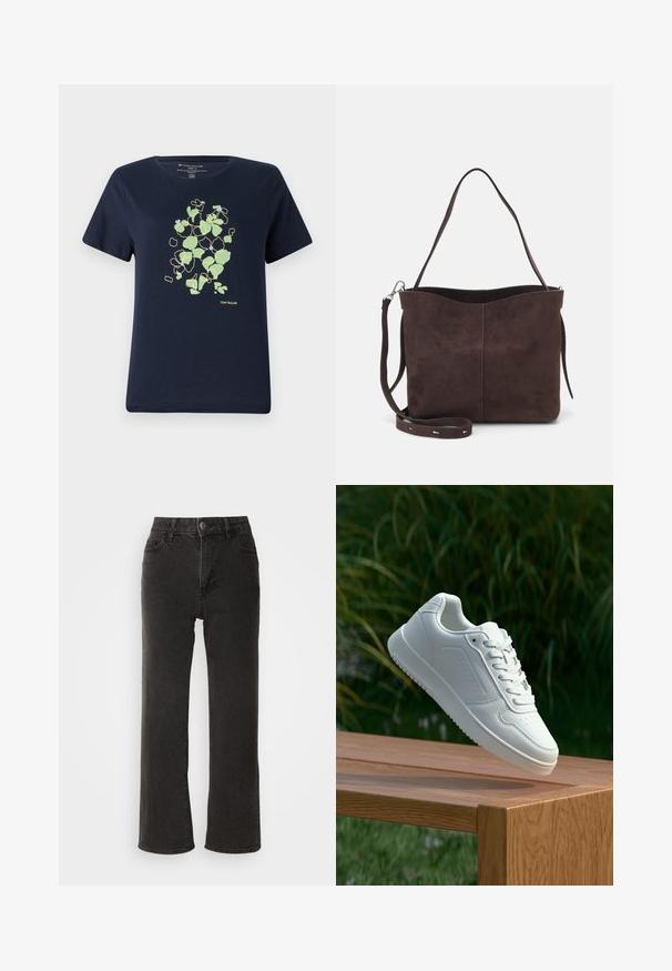 T-shirt azul-marinho feito de algodão, apresentando um padrão floral em verde claro e azul contornado a amarelo na frente. Mangas curtas e decote redondo.; Jeans largos pretos feitos de denim, com fecho de botão frontal, passantes para cinto e cinco bolsos, apresentando uma textura ligeiramente desbotada.; Sapatilha branca com um cabedal sintético liso, caixa dos dedos perfurada, atacadores planos e uma sola texturizada, exposta sobre uma superfície de madeira.; Saco tote em camurça castanha com uma textura suave, apresentando uma única alça de ombro e uma abertura superior levemente curvada. Sem detalhes de hardware visíveis.