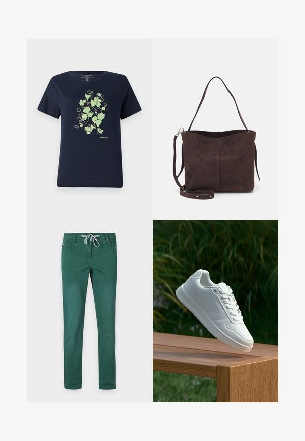 Tamsiai mėlyna medvilninė marškinėlių, su šviesiai žaliais ir mėlynais gėlių raštais, apibrėžtais geltona spalva, priekyje. Trumpomis rankovėmis ir apvaliu iškirpimu.; Žalios medvilnės mišinio kelnės su tiesiu siluetu, su raišteliu reguliuojama liemeniu ir dviem priekinių kišenių. Lygi tekstūra ir be raštų.; Balti sneakeriai su lygia sintetine viršutine dalimi, perforuota pirštų zona, plokščiomis raištelėmis ir tekstūruotu padu, padėti ant medinės paviršiaus.; Ruda suede audinė su minkšta tekstūra, turinti vieną petį ir subtilų kreivinį viršutinį atidarymą. Matomų metalinių detalių nėra.