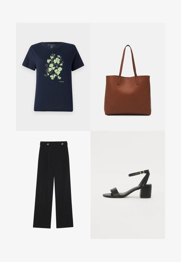 Temno modra majica iz bombaža s svetlo zelenim in modrim cvetličnim vzorcem, obrobljenim z rumeno, na sprednji strani. Kratki rokavi in okrogla izreza.; Črne široke hlače s visokim pasom, gumbnimi detajli na pasu in sprednjimi gubami.; Črne sandale na peto z gladkim usnjenim zgornjim delom, odprtim nosom, širokimi sprednjimi trakovi in nastavljivim gležnjenčkom z zlatim zaponko.; Rjava usnjena torba z gladko teksturo, odprto zasnovo zgoraj in dvema naramnima trakovoma. Opremljena je z minimalnim šivanjem in brez vidnih kovinskih delov.