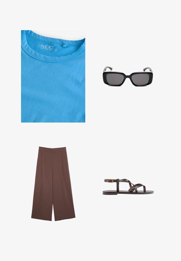 Dlhý rukáv, crew tričko v jednofarebnej svetlomodrej bavne. Má okrúhly výstrih a jednoduché švy. Na štítku je nápis "NEXT," veľkosť S.; Hnedé nohavice so širokými nohavicami a hladkou textúrou, s vysokým pásom a prednými skladmi. Tkanina je ľahká a voľne sa pohybuje.; Hnedé kožené sandály s krížovými popruhmi, uzatváraním na pracku okolo členku a plochou podrážkou s minimálnymi ševmi.; Čierne obdĺžnikové slnečné okuliare s tmavými sklami, hladkým plastovým rámom a zakrivenými stranami. Dizajn je robustný s minimalistickou estetikou.