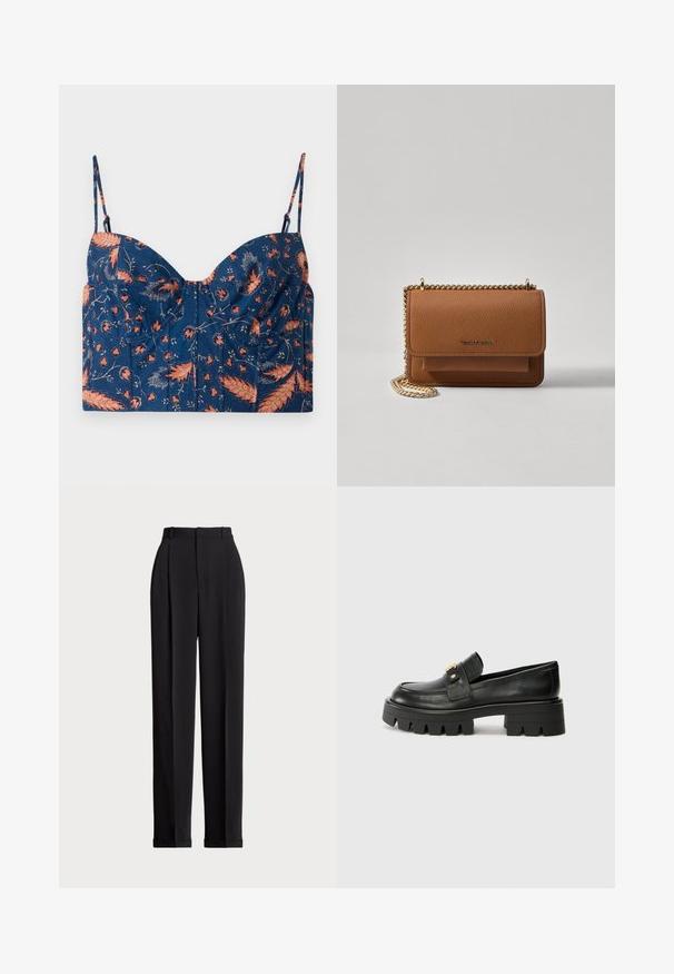 Jūras zila apgrieztā blūze ar ziedu rakstu oranžā un rozā krāsā, ar plānām regulējamām siksnām un struktūrām kausiem. Mīksta auduma tekstūra.; Melnas piegriezuma bikses ar augstu jostasvietu, priekšā ar krokām, taisna kāju dizains un ar aprocēm. Izgatavotas no gludas auduma.; Melni ādas mokasīni ar masīvu zoli, ar zeltaini akcentu priekšā un gludu apdari. Masīva protektora dizains uz zoles.; Brūna teksturēta ādas plecu soma ar zelta ķēdes siksnu un atloka aizdari. Priekšpusē ir logotipa detaļa un kabata zem atloka.