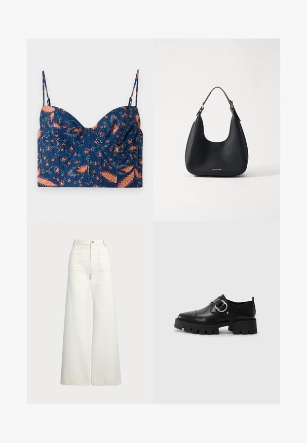 Navy blå crop-top med blomstermønster i oransje og rosa, med tynne justerbare stropper og strukturerte kopper. Myk stofftekstur.; Vidde bukser i off-white denim. Høyt liv-design med knappelukking, to frontlommer og kontrastsøm detaljer.; Sorte læringssko med en kraftig ribbet såle, som har en sirkulær sølvfarget detalj og minimal sømdekorasjon.; Svart skinn skulderveske med teksturert overflate, bred oval form, og gullfargede detaljer. Logoen vises på bunnen foran.