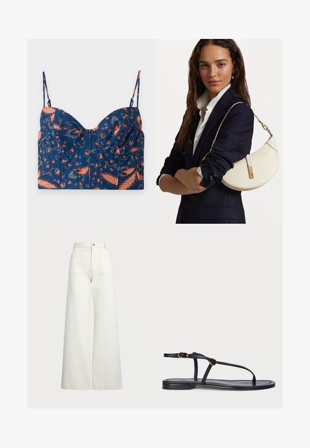 Navy blue cropped top with floral pattern in orange and pink, featuring thin adjustable straps and structured cups. Soft fabric texture.; Wide-leg jeans in off-white denim. High-waisted design with a button closure, two front pockets, and contrast stitching details.; Black flat sandal with a minimalist design. Features thin straps, a toe post, gold hardware accents, and a smooth, textured sole.; White leather handbag with a curved shape, gold hardware, and a textured finish, worn over a dark blazer and white shirt.