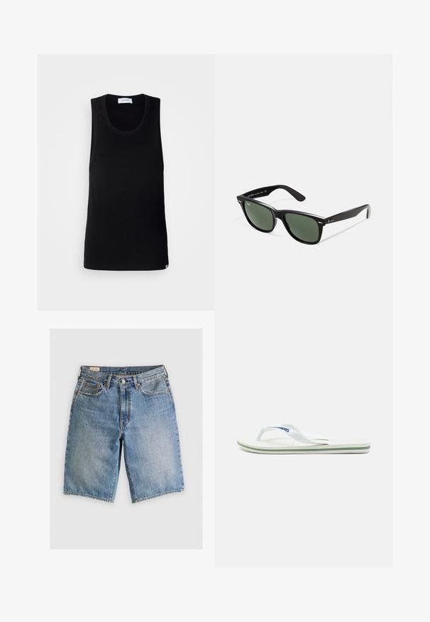 Fekete ujj nélküli trikó, pamutból készült, kerek nyakkivágással és egy egyszerű dizájnnal, amelyen diszkrét márkajelzés található az alján.; Rövid ujjú gombos ing világoskék színben, fehér függőleges csíkokkal. Klasszikus gallérral rendelkezik, és egy kis logó található a mellrészen. Simás anyagtextúra.; Világoskék farmer rövidnadrág klasszikus fazonban. Öt zsebe van, narancssárga varrással és nyers élek.; Fehér papucs texturált talpbetéttel, vékony pántokkal és sokszínű díszcsíkkal a talpon. A pánton logó található.; Fekete műanyag napszemüveg zöld lencsékkel, négyzet alakú kerettel, ezüst díszítéssel a keret felső részén, valamint texturált szárakkal. A márka neve a belső száron található.