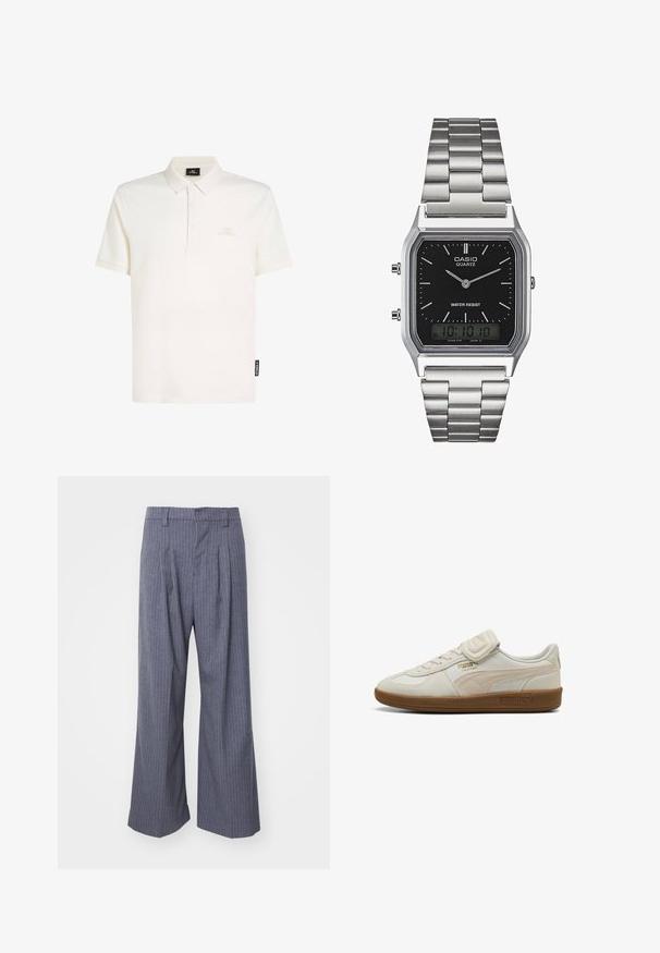 Biela polo košeľa vyrobená z bavlny, s golierom, zapínaním na tri gombíky a jemným logom na hrudi. Krátke rukávy, mäkká textúra.; Šedé prúžkované nohavice so širokým strihom, s plisovaním na prednej strane a hladkým povrchom. Bez viditeľných kovových prvkov alebo akcentov.; Biele kožené tenisky s textúrovanými akcentmi, gumovou podrážkou a zlatým logom. Obsahujú šnúrky a suchý zips na uzavretie.; Strieborné nerezové hodinky s kremíkovým strojčekom a čiernym obdĺžnikovým ciferníkom, vybavené analógovými ručičkami, digitálnym displejom a označením vodoodolnosti.