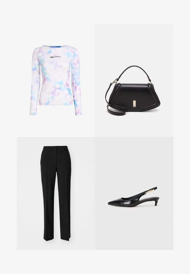 Long-sleeve top in a smooth, stretchy fabric. Features a pastel blue and purple floral pattern with a printed logo on the front.; Black tailored trousers with a straight-leg design, featuring a smooth texture and crisp creases along the front. No visible hardware.; Black leather slingback heels with a pointed toe, featuring a slim heel and a gold-tone accent on the adjustable strap. Smooth texture.; Black leather handbag with a structured design, featuring a cropped shape, top handle, and gold hardware accent. Adjustable shoulder strap included.