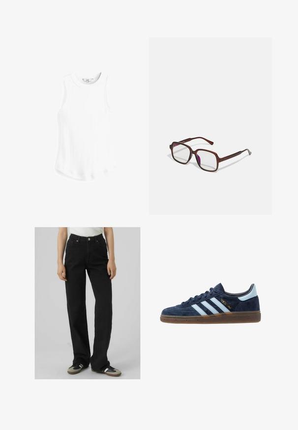 Next RACER STANDARD - Top - white rib; Black high-waisted jeans with a straight-leg fit, made from denim, featuring two front pockets and brass hardware accents.; Navy blue suede Adidas sneaker with light blue stripes, gum sole, light blue heel tab, and gold "Spezial" branding on the side.; Brown, rectangular eyeglasses with transparent lenses and purple tints. Smooth plastic frame with straight temples and subtle accents.; Brown faux leather shoulder bag with curved shape, minimal stitching, and a gold-tone hardware accent. Features a top zipper closure and adjustable strap.